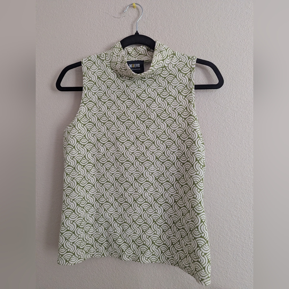 Maeve Green and White Geometric Mock Neck Sleeveless Top